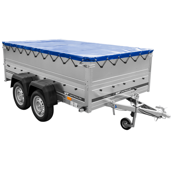 Tweeassige aanhanger 264x150 UNITRAILER GARDEN 265/2 KIPP met BIS-zijwanden, H-0 frame en blauwe afdekking