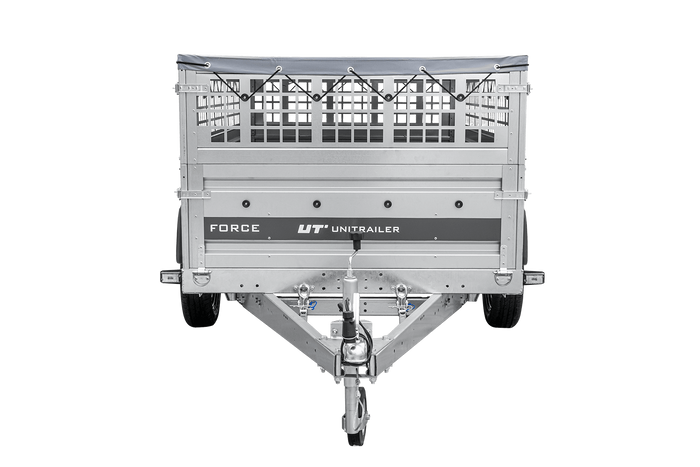 Lichte aanhanger op veren 230x125 UNITRAILER FORCE 230/R KIPP met gaaswanden, H-0 frame en grijze afdekking