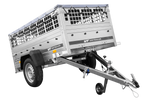 Enkelassige aanhanger 200x106 UNITRAILER GARDEN 200 KIPP met gaaswanden en grijs dekzeil