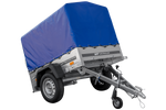 Lichte aanhangwagen Garden Trailer 150 KIPP met afmeting van 150x106 met blauwe zeil en huif MTM 750 KG 