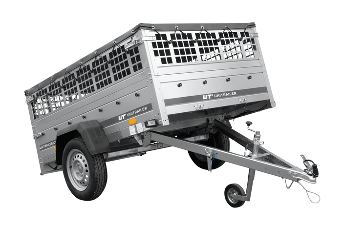 Enkelassige aanhanger 200x125 UNITRAILER GARDEN 201 KIPP met gaaswanden en grijze afdekking