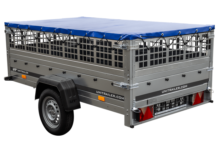 Autoaanhanger 230x125 UNITRAILER GARDEN 230 KIPP met gaaswanden en blauw dekzeil