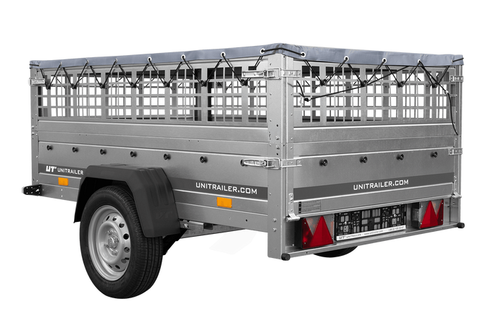 Autoaanhangwagen op veren 200x125 UNITRAILER GARDEN 201/R KIPP met gaaswanden, H-0 frame en grijze afdekking
