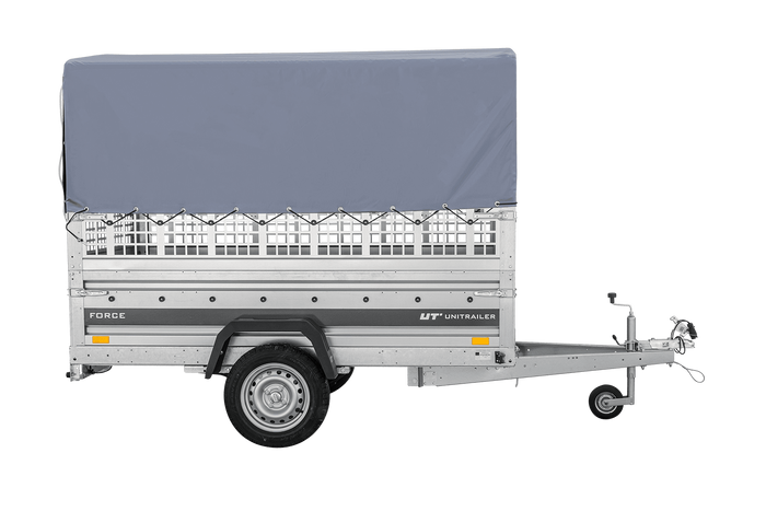 Autotransportaanhanger op veren 230x125 UNITRAILER FORCE 230/R KIPP met gaaswanden, H-800 frame en grijze afdekking