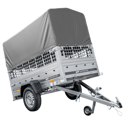 GARDEN TRAILER 200 KIPP autoaanhanger met steunwiel, mesh zijkanten en H-800 frame met grijze hoes