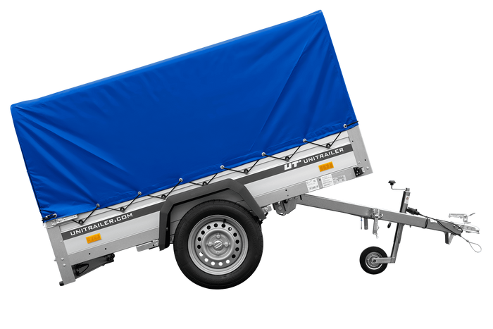 Autoaanhanger op veren met aluminium zijwanden 200x125 Unitrailer Garden 201/R KIPP ALU met H-800 frame en blauwe afdekking