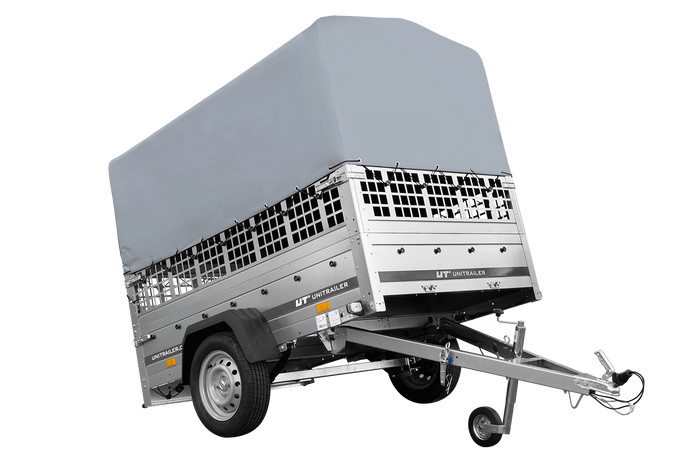 Enkelassige aanhangwagen op veren 200x125 UNITRAILER GARDEN 201/R KIPP met roosterwanden, H-800 frame en grijze afdekking