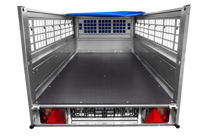 Enkelassige aanhanger 200x106 UNITRAILER GARDEN 200 KIPP met gaaswanden en blauw dekzeil
