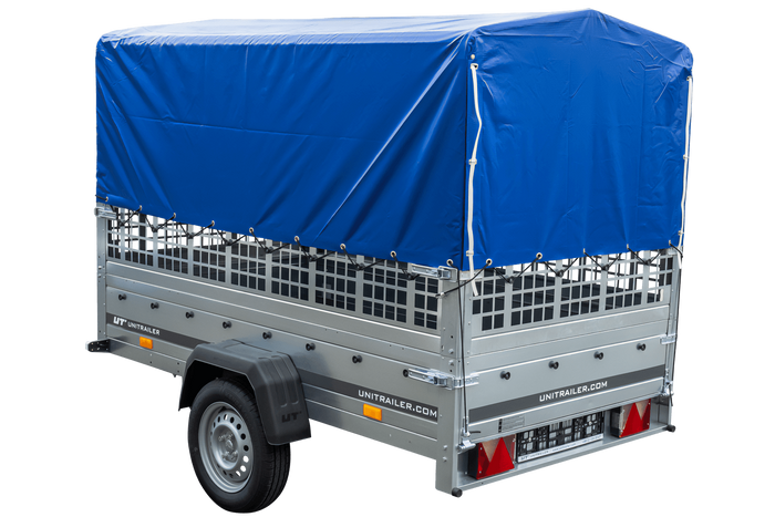 Enkelassige aanhanger 230x125 UNITRAILER GARDEN 230 KIPP met gaaswanden, H-800 frame en blauw dekzeil