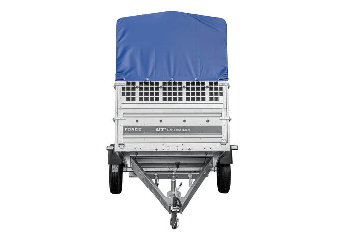 Autotransportaanhanger 264x125 UNITRAILER FORCE 264 KIPP met gaaswanden, H-800 frame en blauwe hoes