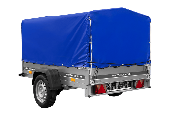 Enkelassige aanhangwagen op veren 200x125 UNITRAILER GARDEN 201/R KIPP met H-800 frame en blauw dekzeil