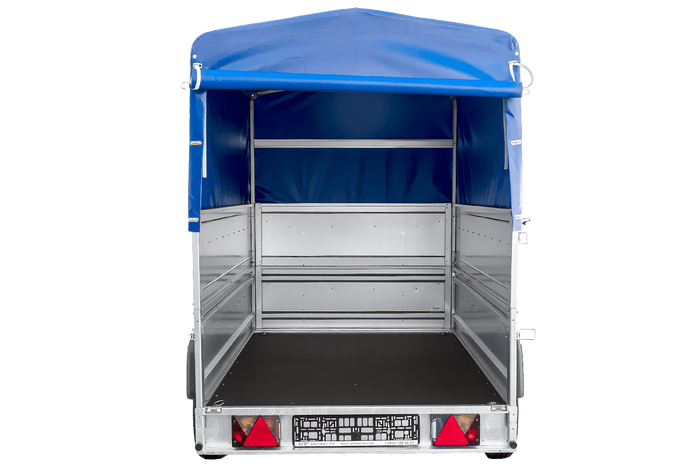 Autotransporter 264x125 UNITRAILER FORCE 264 KIPP met BIS-zijwanden, H-800 frame en blauwe afdekking