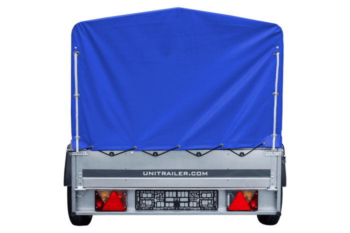 Enkelassige aanhangwagen op veren 230x125 UNITRAILER GARDEN 230/R KIPP met H-800 frame en blauw dekzeil