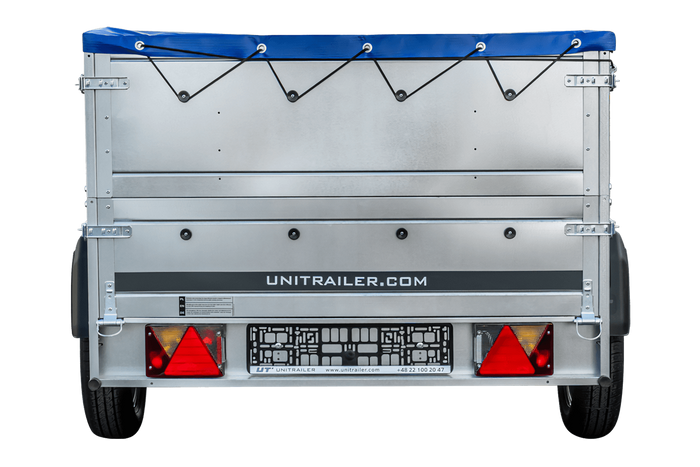 GARDEN TRAILER 230 KIPP MET STEUNWIEL, BIS ZIJKANTEN EN BLAUW PLAT TARPAU