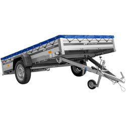 Autoaanhanger met aluminium zijwanden 264x150 Unitrailer Garden 265 KIPP ALU met H-0 frame en blauwe afdekking