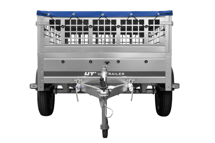 Enkelassige aanhanger 200x125 UNITRAILER GARDEN 201 KIPP met gaaswanden en blauwe afdekking