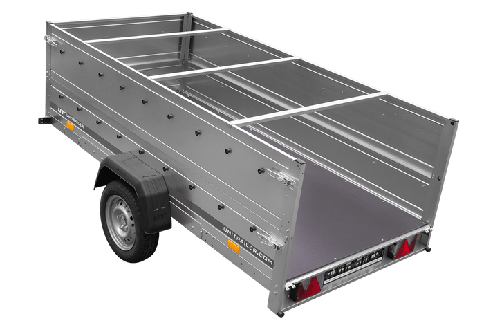 Enkelassige aanhangwagen op veren 264x125 UNITRAILER GARDEN 264/R KIPP met BIS zijwanden, H-0 frame en blauw dekzeil