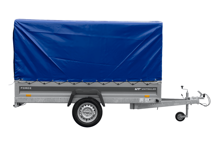Autotrailer 264x125 UNITRAILER FORCE 264 KIPP met H-1100 frame en blauwe hoes