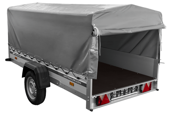 Enkelassige aanhanger met aluminium zijwanden 264x125 Unitrailer Garden 264 KIPP ALU met H-800 frame en grijze afdekking