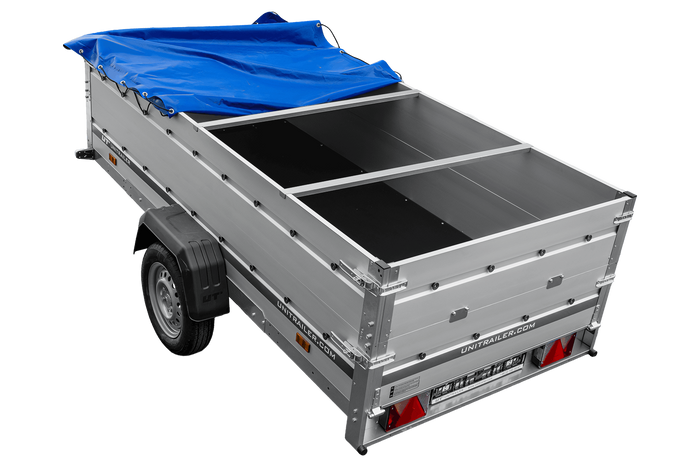 Enkelassige aanhanger met aluminium zijwanden 264x125 Unitrailer Garden 264 KIPP ALU met BIS-zijwanden, H-0 frame en blauwe afdekking