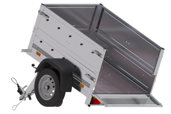Unitrailer GARDEN TRAILER 150 KIPP met een steunwiel, twee zijkanten en een grijze platte afdekking op een frame