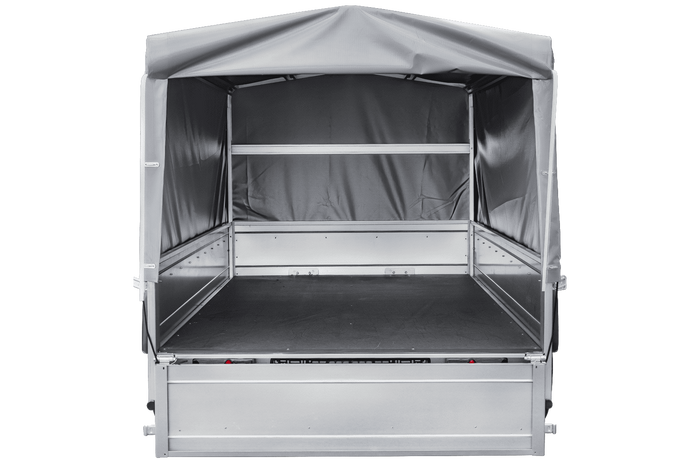 Enkelassige aanhangwagen op veren 264x125 UNITRAILER GARDEN 264/R KIPP met H-800 frame en grijs zeil