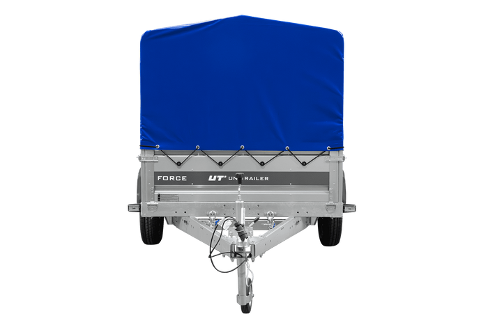 Enkelassige aanhanger 230x125 UNITRAILER FORCE 230 KIPP met H-800 frame en blauwe afdekking