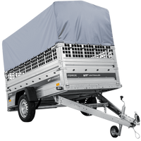 Autotransportaanhanger op veren 230x125 UNITRAILER FORCE 230/R KIPP met gaaswanden, H-800 frame en grijze afdekking