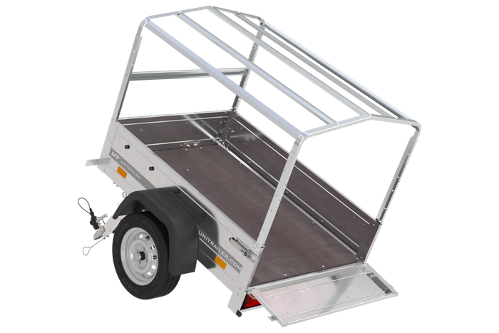 Lichte aanhangwagen Garden Trailer 150 KIPP met afmeting van 150x106 met blauwe zeil en huif MTM 750 KG 