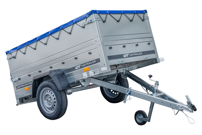 Nieuwe GARDEN TRAILER 200 KIPP autoaanhanger met steunwiel, bis zijkanten en blauwe vlakke afdekking