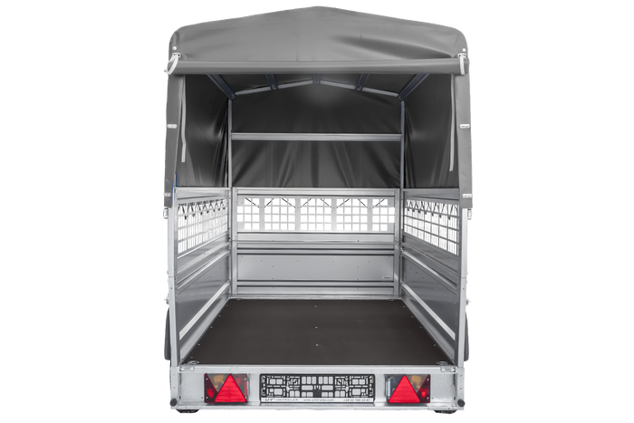 Enkelassige aanhanger 230x125 UNITRAILER FORCE 230 KIPP met gaaswanden, H-800 frame en grijze afdekking.