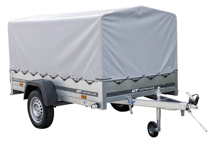 Enkelassige aanhanger 230x125 UNITRAILER GARDEN 230 KIPP met H-800 frame en grijze afdekking