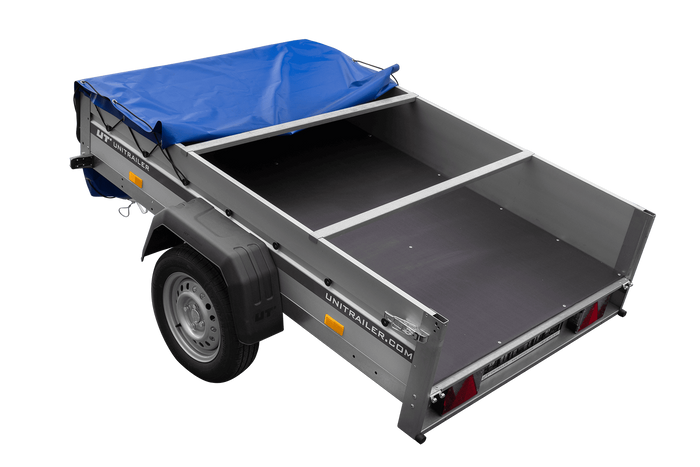 Enkelassige aanhanger met aluminium zijwanden 200x125 Unitrailer Garden 201 KIPP ALU met H-0 frame en blauwe afdekking