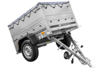 Unitrailer GARDEN TRAILER 150 KIPP met een steunwiel, twee zijkanten en een grijze platte afdekking op een frame