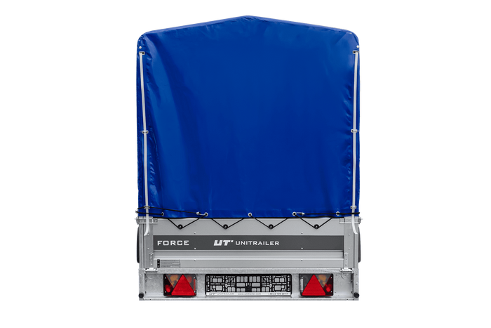Enkelassige aanhanger op veren 264x125 UNITRAILER FORCE 264/R KIPP met H-1100 frame en blauwe afdekking