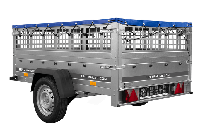Autoaanhangwagen op veren 200x125 UNITRAILER GARDEN 201/R KIPP met gaaswanden, H-0 frame en blauwe afdekking