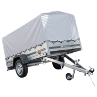 Te koop aanhanger Unitrailer 230 x 125 Garden Trailer 230 met grijze afdekzeil, huif H800 hoog, neuswiel 750 KG MTM