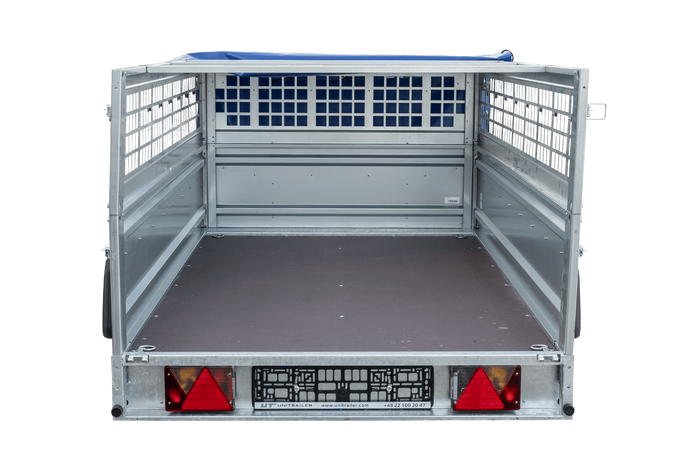 Enkelassige aanhanger 230x125 UNITRAILER FORCE 230 KIPP met gaaswanden, H-0 frame en blauwe afdekking.