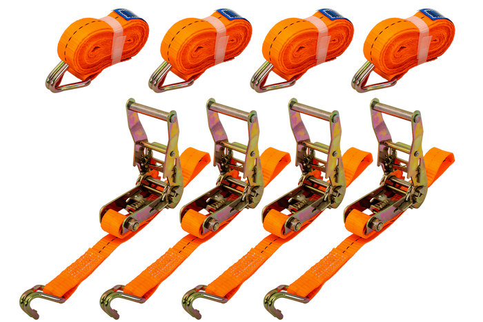 Set van vier UNITRAILER 4m/25mm/1t oranje transportbanden met spaninrichting