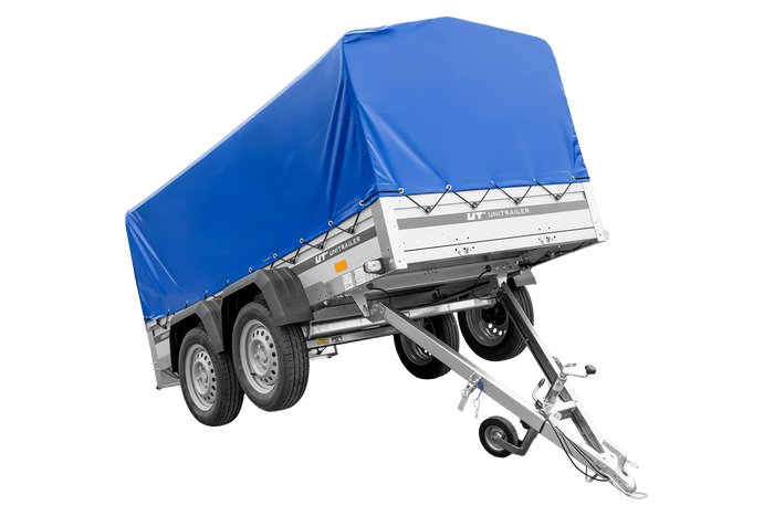 Tweeassige aanhanger met aluminium zijwanden 264x125 Unitrailer Garden 264/2 KIPP ALU met H-800 frame en blauwe afdekking
