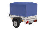 Lichte aanhangwagen Garden Trailer 150 KIPP met afmeting van 150x106 met blauwe zeil en huif MTM 750 KG 