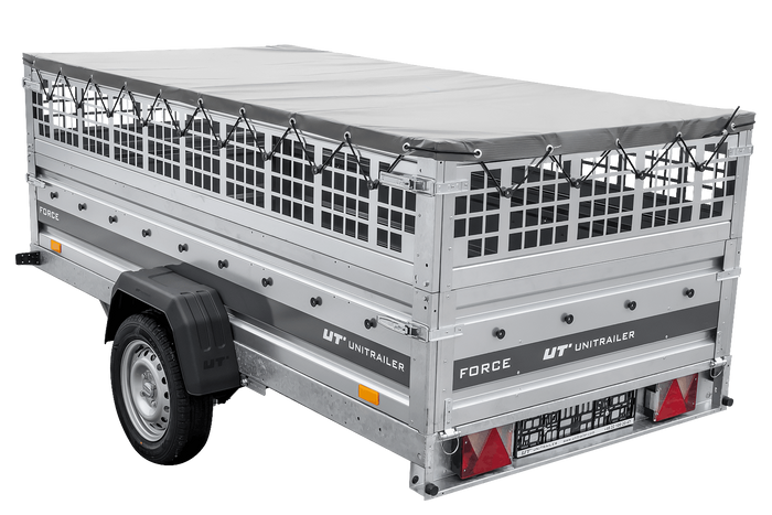Enkelassige aanhanger op veren 264x125 UNITRAILER FORCE 264/R KIPP met gaaswanden, H-0 frame en grijs dekzeil