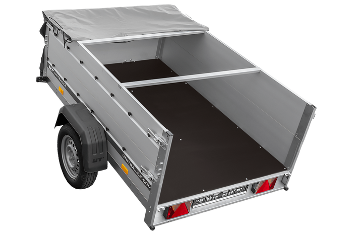 Autoaanhanger met aluminium zijwanden 200x125 Unitrailer Garden 201 KIPP ALU met BIS-zijwanden, H-0 frame en grijze afdekking