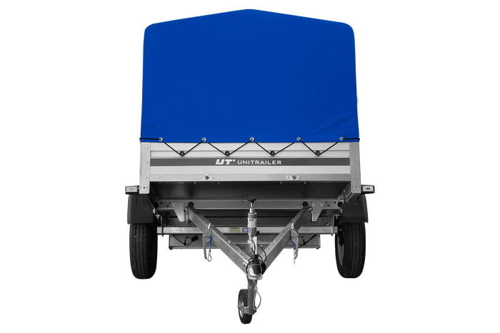 Enkelassige aanhanger met aluminium zijwanden 200x125 Unitrailer Garden 201 KIPP ALU met H-800 frame en blauwe afdekking