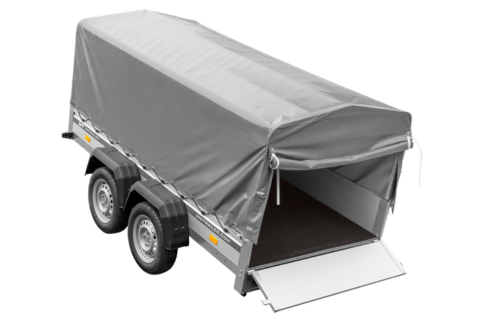 Tweeassige aanhanger met aluminium zijwanden 264x125 Unitrailer Garden 264/2 KIPP ALU met H-800 frame en grijze afdekking