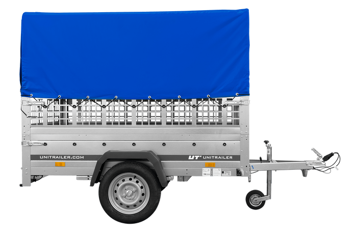 Enkelassige aanhangwagen op veren 200x125 UNITRAILER GARDEN 201/R KIPP met roosterwanden, H-800 frame en blauwe afdekking