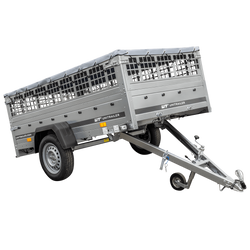 Kipper aanhanger voor personenauto Unitrailer GARDEN TRAILER 230 KIPP met steunwiel, gaaszijwanden en grijze vlakke afdekking op frame