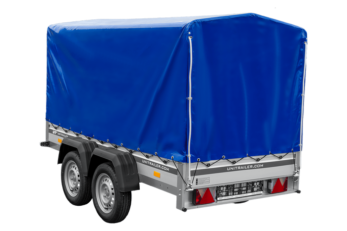 Tweeassige aanhanger met aluminium zijwanden 264x125 Unitrailer Garden 264/2 KIPP ALU met frame H-1100 en blauwe afdekking
