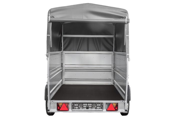 Enkelassige aanhanger op veren 230x125 UNITRAILER FORCE 230/R KIPP met BIS-zijwanden, H-800 frame en grijze afdekking