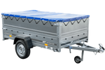 GARDEN TRAILER 230 KIPP MET STEUNWIEL, BIS ZIJKANTEN EN BLAUW PLAT TARPAU